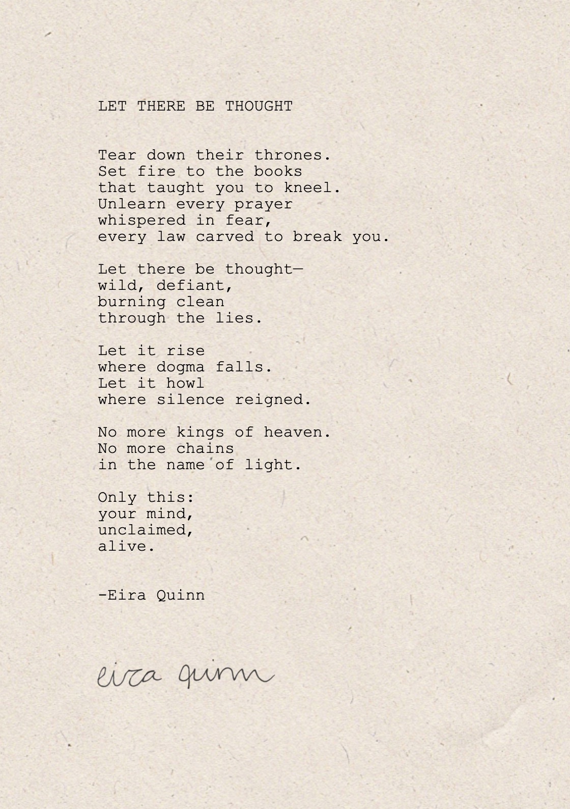 Mockup of "Let There Be Thought" hand-typed on A5 handmade paper